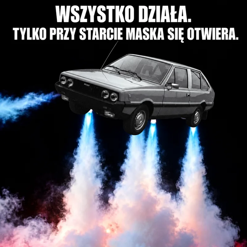 Szary samochód unosi się na niebieskich strumieniach ognia. Napis: „Wszystko działa. Tylko przy starcie maska się otwiera.”