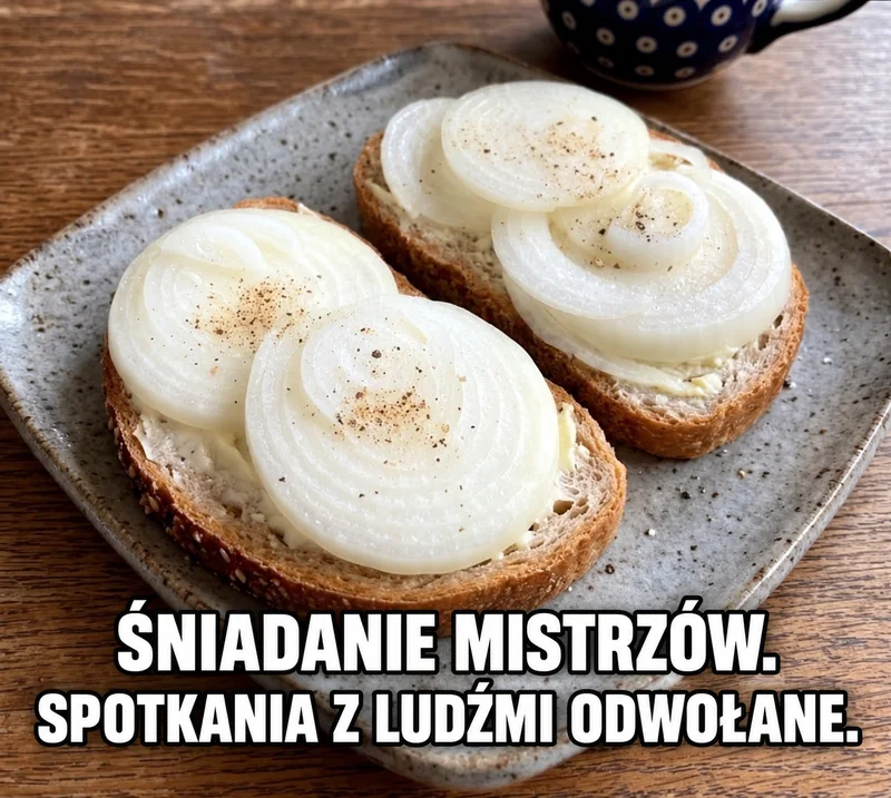 Dwie kanapki z grubymi plastrami cebuli na talerzu. Napis: „Śniadanie mistrzów. Spotkania z ludźmi odwołane.”