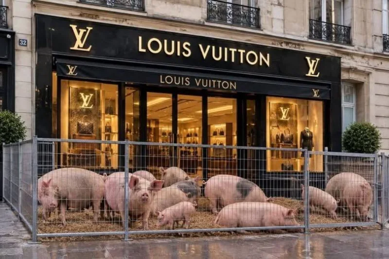 Fotomontaż świń w zagrodzie przed wejściem do sklepu Louis Vuitton. Bez dodanego napisu.